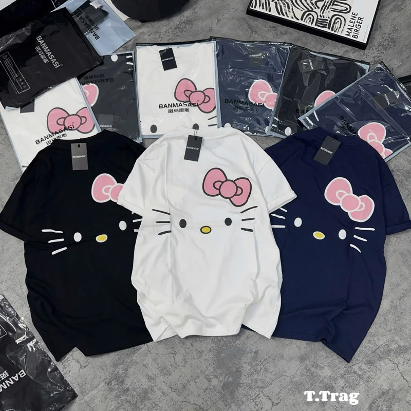 Hình ảnh sản phẩm Áo thun chất cotton su form rộng tay lỡ - kitty fuck đeo nơ in hai mặt